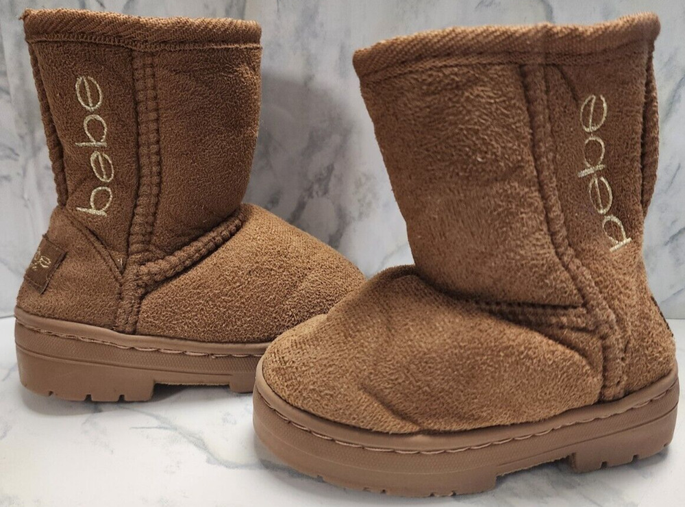 Bebe Girls Toddler Brown Fur Lined, Faux Suede Push On Winter Boots, Size 5